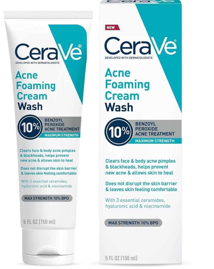 CeraVe Acne Foaming Cream Wash, Gentle Face and Body Cleanser with Benzoyl Peroxide 10%, Hyaluronic Acid, and Niacinamide, 10% Benzoyl Peroxide Treatment Clears Pimples and Blackheads 150 ml