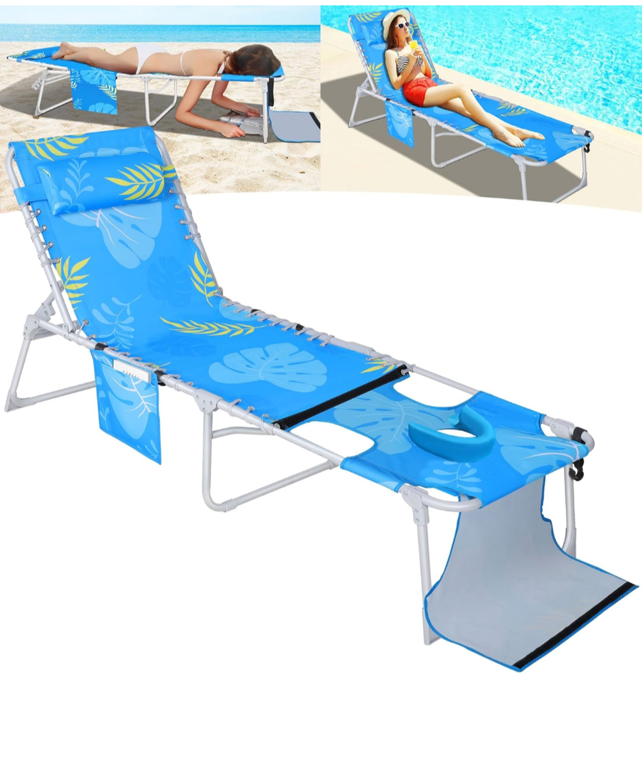 KingSom 3 in 1 Sun Tanning Chair with Face Hole, Folding Chaise Lounge Chair, 6-Position Recliner Lay Flat Beach Chairs, Removable Pillow & Pocket, Breathable Lounger Chairs for Outside,Patio, 350 LBS