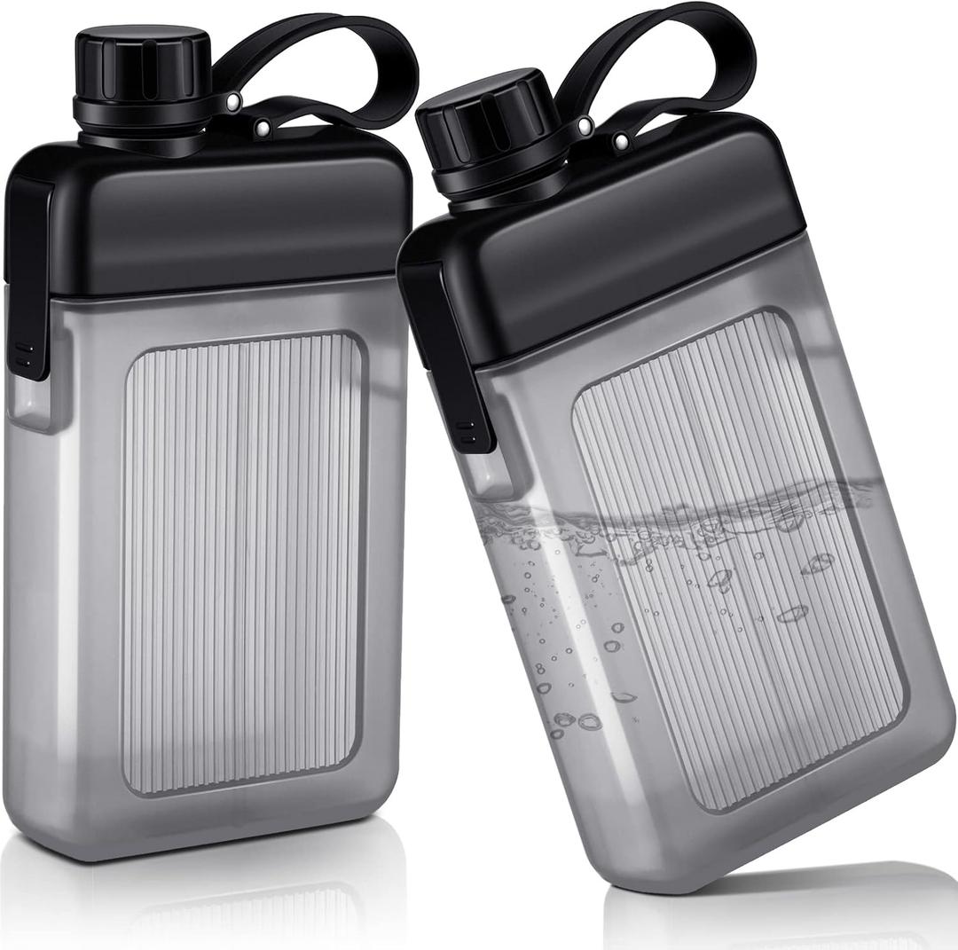 Honeydak 2 Pcs Flat Water Bottle 13oz Plastic Flask for Liquor Slim Square Bottles Portable Travel Mug Pocket Flask for Outdoor Sports (Black)