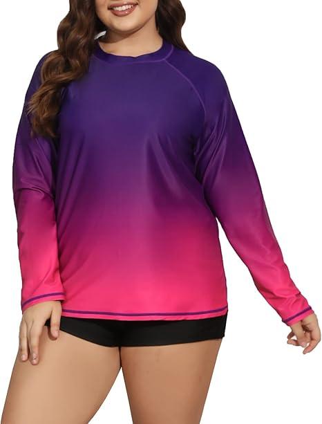 Halcurt Women Long Sleeve UPF 50+ Swimsuits Plus Size Two Piece Rashguard Purple 1X,XL size