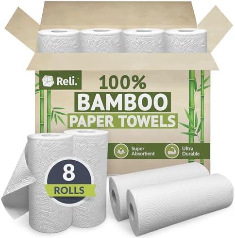 Reli. Bamboo Paper Towels (8 Pack) | Paper Towels Rolls 2 Ply | 75 Sheets/Roll, Full Size Sheets | Unbleached, Organic Rolls for Kitchen, Bathroom | 100% Bamboo