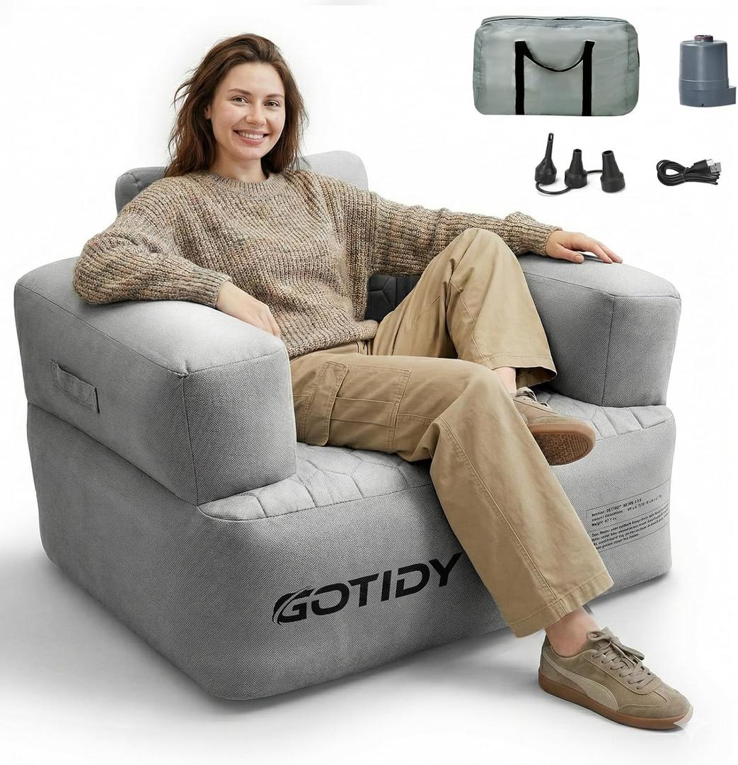 Inflatable Couch, Camping Couch with Detachable Built-in Pump, Inflatable Sofa with Breathable, Puncture-Resistant Fabric Texture Cover, Camping, Beach, Backyard Party, B-Arm Chair