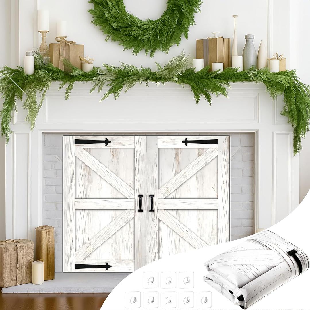 Fireplace Draft Cover for Winter Indoor Fireplace Blanket for Heat Loss Rustic Wooden Door Pattern Draft Stopper with Hook for Inside Insulated(White,39 x 32 Inch)