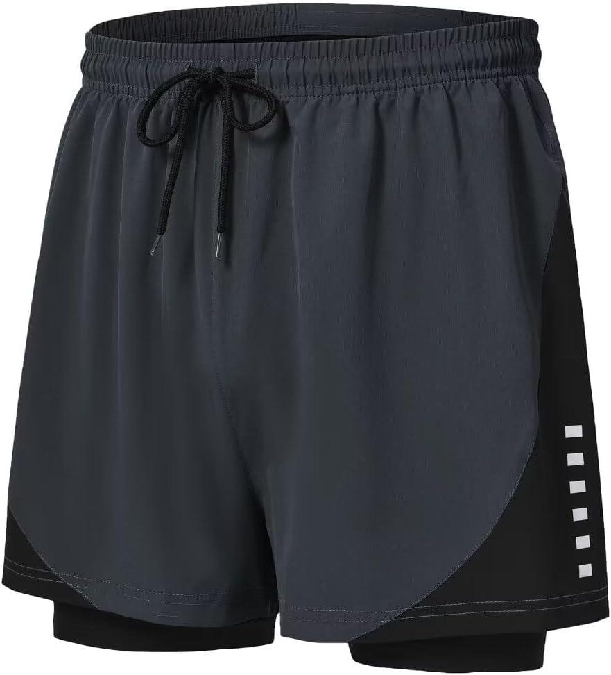 Pdbokew Men's 2 in 1 Running Shorts Lined Workout Shorts Basketball Shorts (Large, Dark Grey)