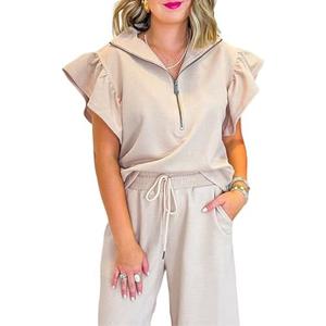 SELINK Two Piece Sets for Women Summer Outfits Ruffle Cap Sleeve Zip Top Wide Leg Pants Lounge Set Tracksuits, XL