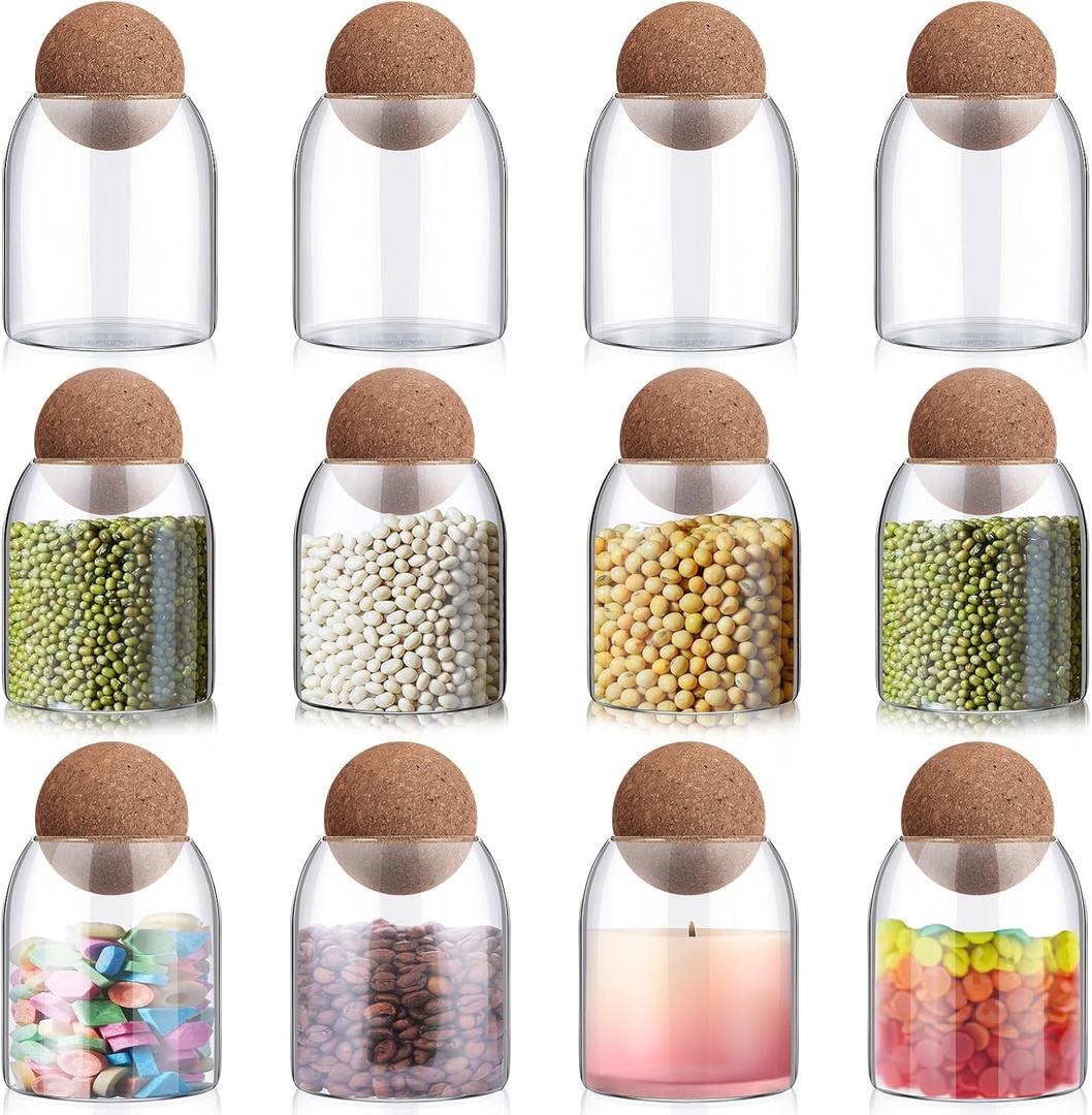 Suclain 6 Pcs Glass Jars with Cork Ball Lid Food Storage Containers Clear Wood Cork Bottle Candy Jars 17 Oz/500ml Coffee Canister for Beans Nut Sugar Decorative Kitchen Storage Organizer