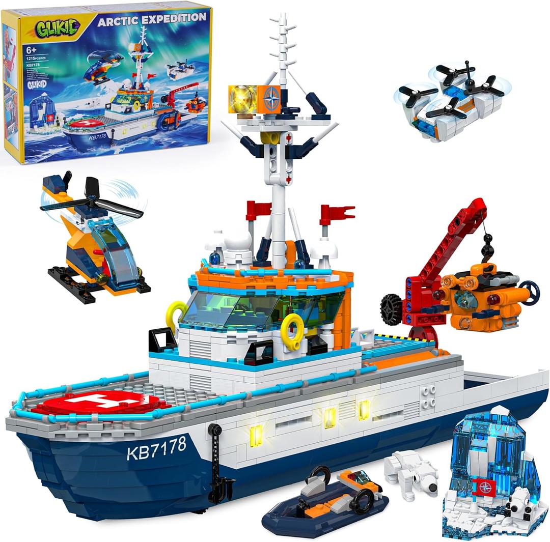 City Boat Building Set with LED Lights, Arctic Explorer Ship Toy Gift for 8 Year Old Boys and Girls, with Helicopter, Drone, Speedboat, Submersible, Iceberg, and Polar Bears