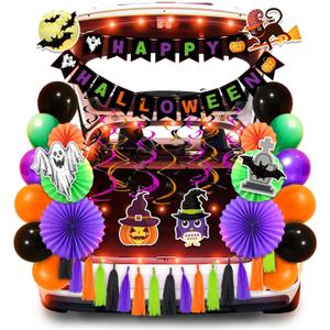 Halloween Trunk or Treat Car Decorations Kit with LED Lights, Happy Halloween Theme Design Car Archway Garage Decoration with Banner, Paper Fans, Balloons, Tassel, Spiral Band and Pumpkin Stickers