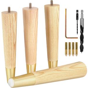 Airy Abode Premium Ash Wood Furniture Legs with Gold Caps (Full Install Kit), 10 Inches