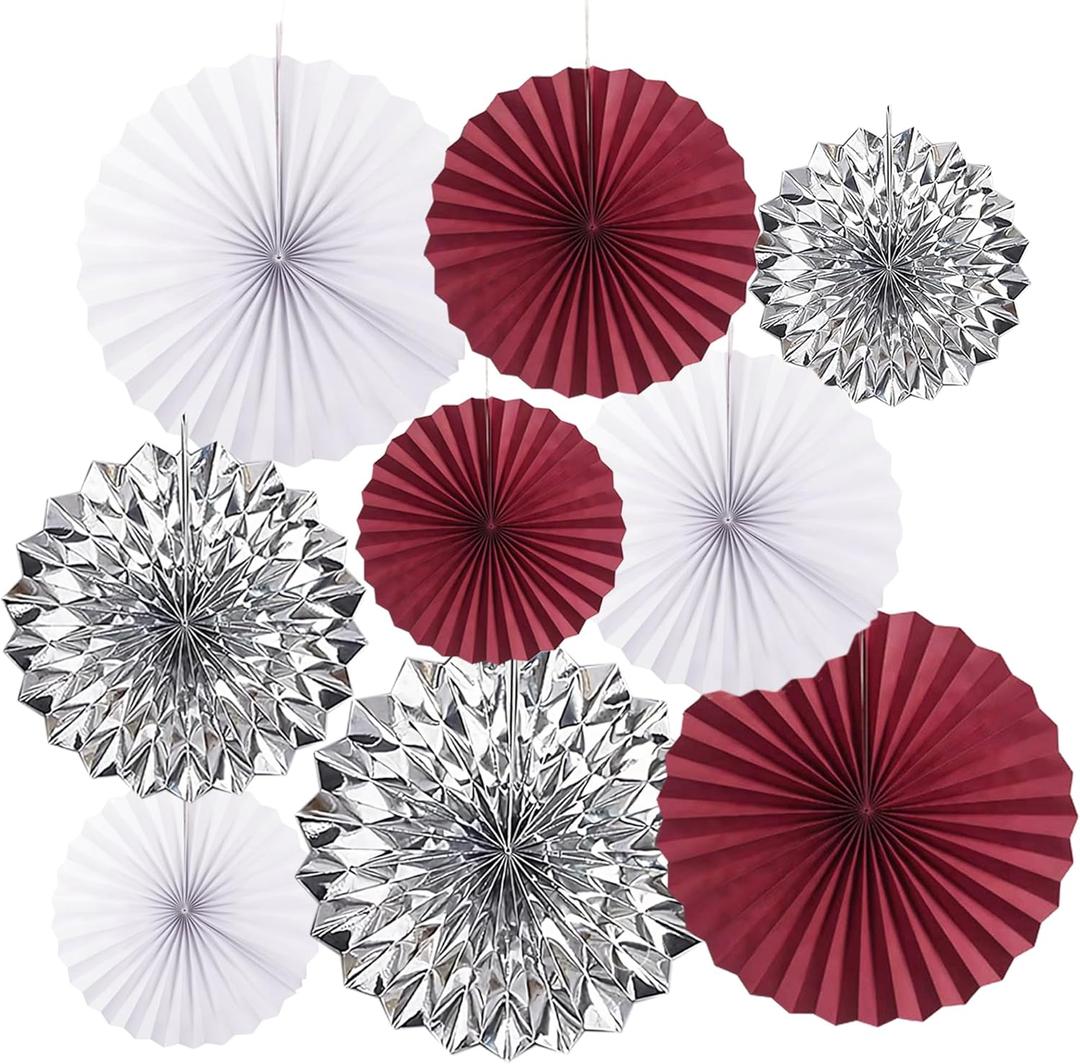 9PCS Burgundy Crimson Maroon White Silver Paper Streamers Flower Fans Hanging Party Backdrop Birthday Bridal Wedding Shower Bachelorette Anniversary Graduation Christmas Party Dcor (16")