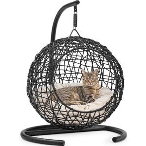 YITAHOME Cat Swing Bed with Stand & Cushion, Cat Egg Chair with Rattan Wicker Appearance, Indoor Hanging Swinging Cat Bed for Cats, Small Dogs, and Small Animals, Black