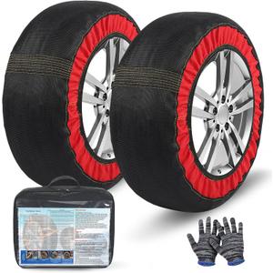 Automotive Snow Socks for Tire Red XL Textile Snow Chains Fabric Car Chains, 2 Pairs of Gloves, Winter Accessories SUV Trucks Pickup Winter Emergency EN 16662-1:2020 Standard