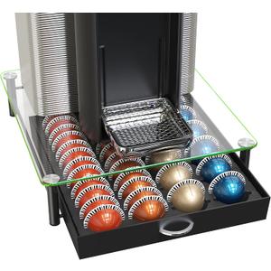 DecoBrothers Crystal Tempered Glass Vertuo Pod Holder Drawer, 24 Large or 48 Small Nespresso Capsule Organizer (48 pcs Capacity, Black)