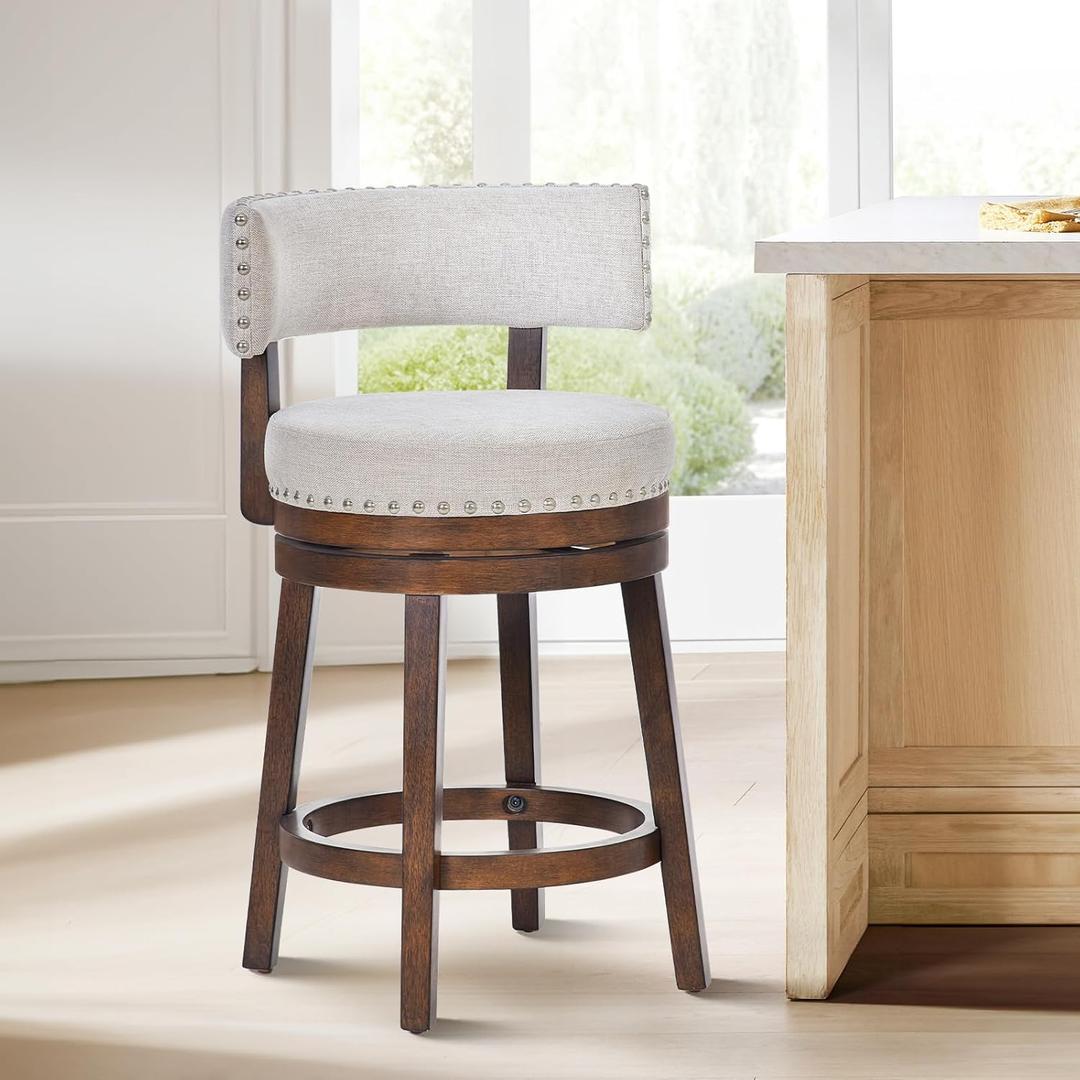 COLAMY Swivel Bar Stool, 25 Inch Wood Swivel Barstool with Back, Counter Height Bar Stools, Modern Upholstered Barstool for Kitchen Island Dining Room Bar, Beige
