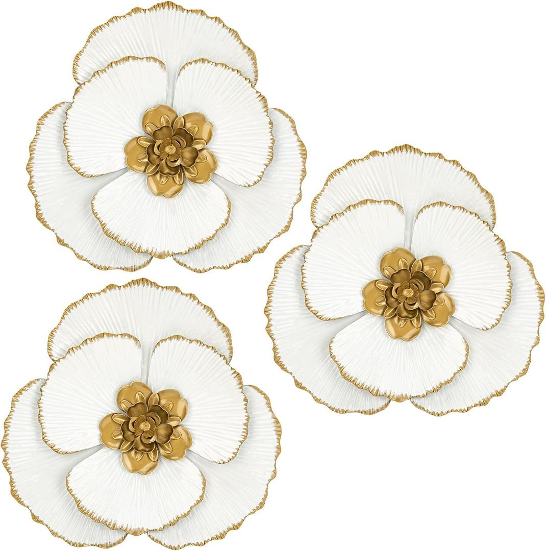 DILATATA 3 Pcs Metal Flower Wall Art Set 10 Inch Rustic Modern Floral Sculpture 3D Metal Flower Wall Hanging Accent for Indoor Living Room Bedroom Kitchen Bathroom Garden Patio Decor - White (Style 2#White)