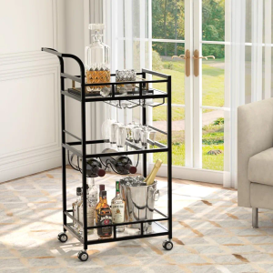 Alihdrna Black Bar Cart, Serving Cart with Wheels and Handle, Small Bar Carts with Wine Rack and Glass Holder, Modern Glass Beverage Cart, Mini Cart for Small Spaces, Kitchen, Dining Room