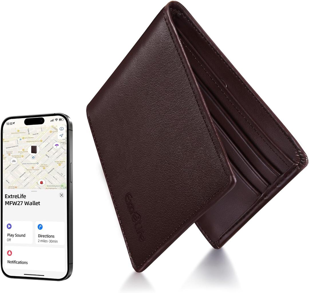 Wallet for Men, Built-in Bluetooth Tracker with Apple Find My (iOS Only), Air Tag Wallet, Leather RFID Blocking Bifold Mens Wallets with GPS Tracker, Rechargeable, Gift for Him, Brown