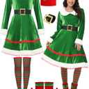 SOMSOC 5 Pack Women Christmas Elf Costume Set Velvet Dress Belt Striped Over Knee High Socks Elf Hat Shoes for Cosplay (Small)