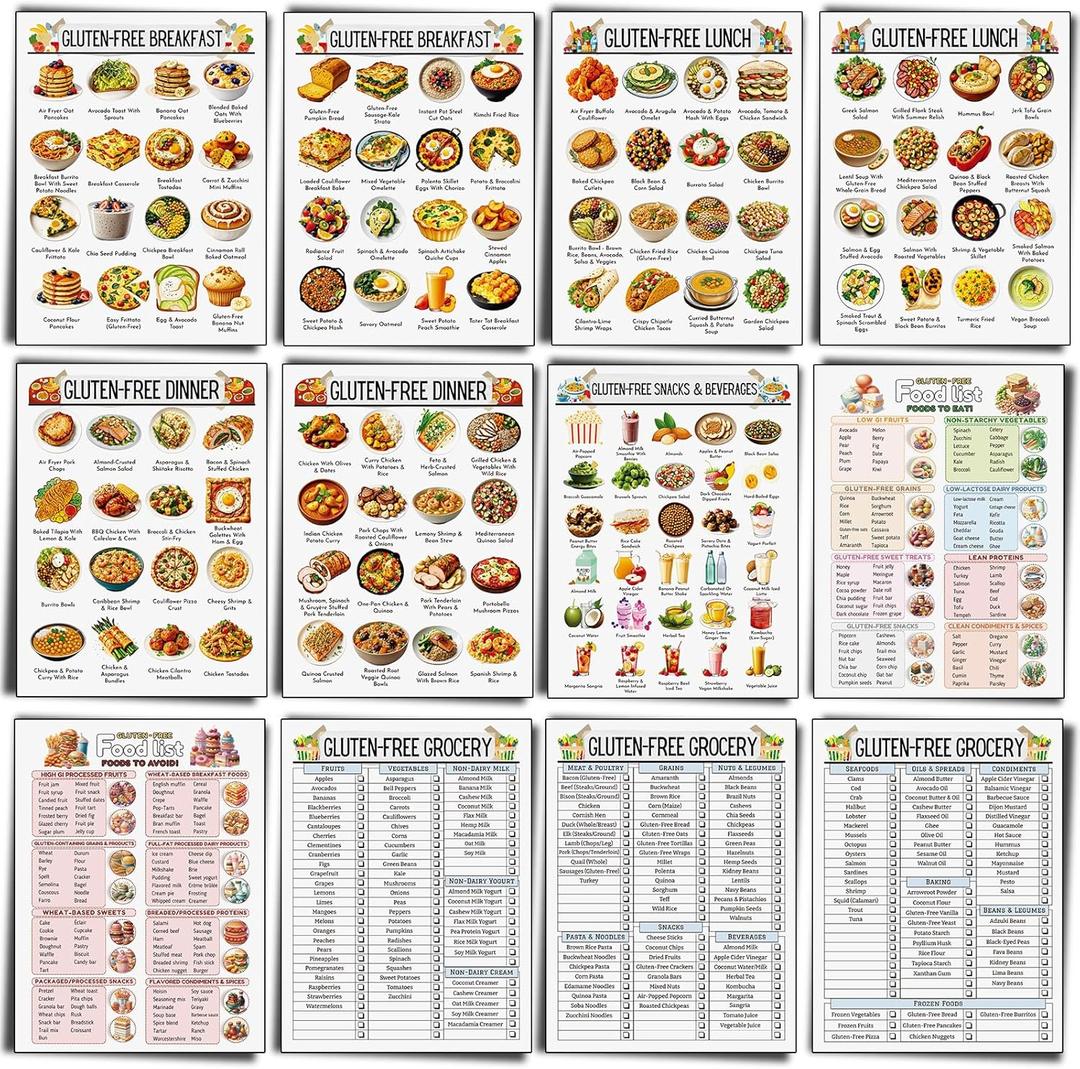 Sinload 12 Pcs Gluten Free Meal Plan Poster Grocery List Gluten-free Diet Guide to Manage Celiac Disease for Healthy Eating
