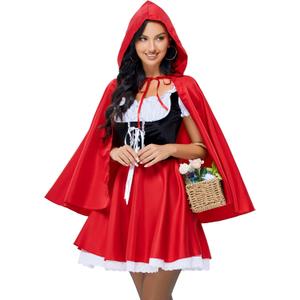 KOJOOIN Little Red Riding Hood Costume Women Halloween Party Dress with Cape Role-Play Adult Costumes Red Black L
