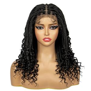 Synthetic Full Lace Knotless Braided Wigs with Curly Ends for Black Women Handmade Braiding Wigs with Baby Hair 16 inches Lace Frontal Braids Wig (1B Color)