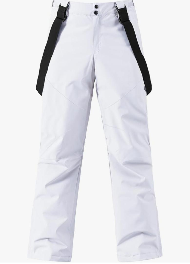 YEEFINE Men's Waterproof Snow Ski Pants Insulated Warm Winter Outdoor Snowboard Bibs with Suspenders, L, White