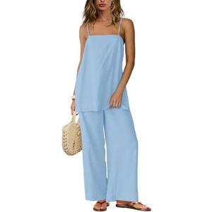 Yanekop Linen Sets for Women 2 Piece Pants Summer Outfits Matching Lounge Sets Spaghetti Strap Tank Top Pants Sets XL