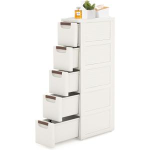 5 Drawers Slim Bathroom Storage Cabinet Dresser, Narrow Plastic Rolling Cart Organizer with Drawers, for Small Spaces, Kitchen, Laundry, Office, Bedroom, White
