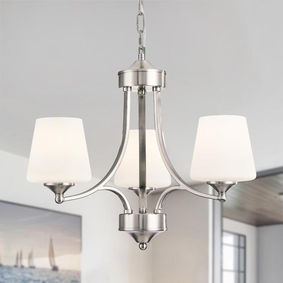 Brushed Nickel Dining Room Light Modern Sliver Chandelier with Frosted Glass, 3-Light Metal Farmhouse Kitchen Island Light Fixtures E26 Hanging Pendent Lighting for Living Room, Kitchen, Foyer