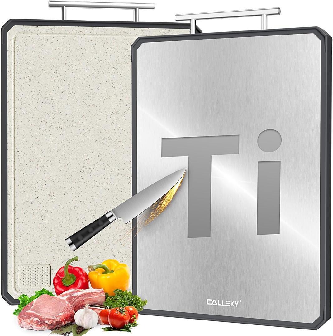 Titanium Cutting Board for Kitchen, Double Sided Non Toxic Titanium Cutting Board with JUICE GROOVE, Food-Grade Metal Chopping Board, Pure Titanium&Wheat Straw PP, Dishwasher Safe16.311-1 PC