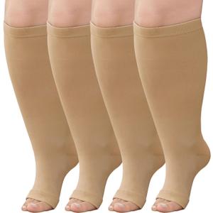 Plus Size Compression Socks: Wide Calf Toeless Stockings for Men Women - Open Toe 20-30 mmHg Compression Hose Support for Travel Nurses (7XL, Beige-2 Pairs)