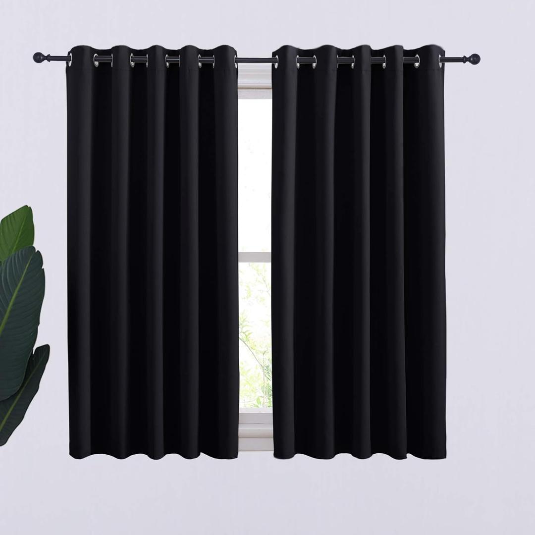 NICETOWN Halloween Bathroom Blackout Curtains and Drapes, Black Solid Thermal Insulated Grommet Blackout Drapery Panels for Window (2 Panels, 70 inches Wide by 54 inches Long, Black)