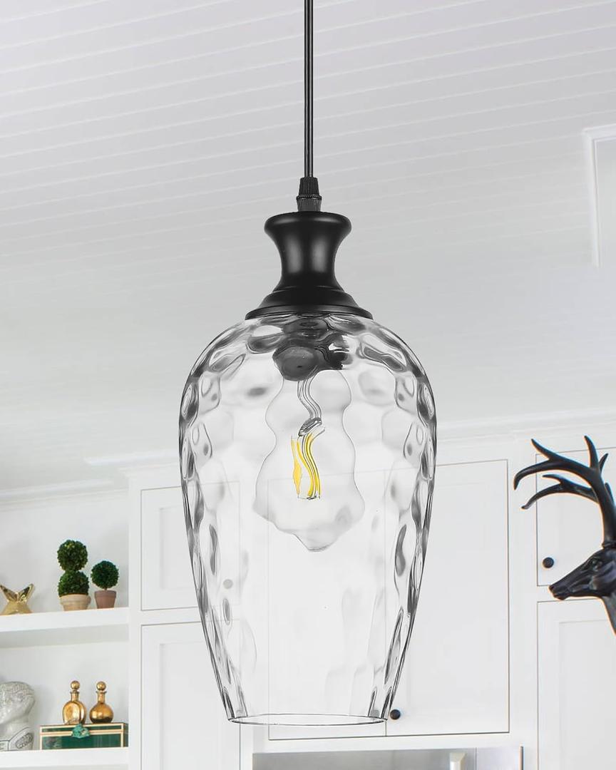 Glass Pendant Lights Kitchen Island, 1-Light Black Pendant Light Fixtures with Hand-Blown Clear Glass, Farmhouse Hanging Light for Kitchen Sink Dining Room Bedroom, E26