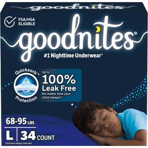 Goodnites Boys' Nighttime Bedwetting Underwear, Size Large (68-95 lbs), 34 Ct (2 Packs of 17), Packaging May Vary