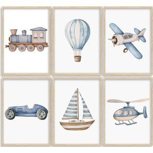 Vintage Baby Boy Nursery Wall Art Blue Transportation Car Airplane Painting Picture Wall Decor Toddler Vehicle Train Boat and Hot Air Balloon Poster Print Artwork for Kids Boys Room Bedroom Decorate (10L''x8W'')