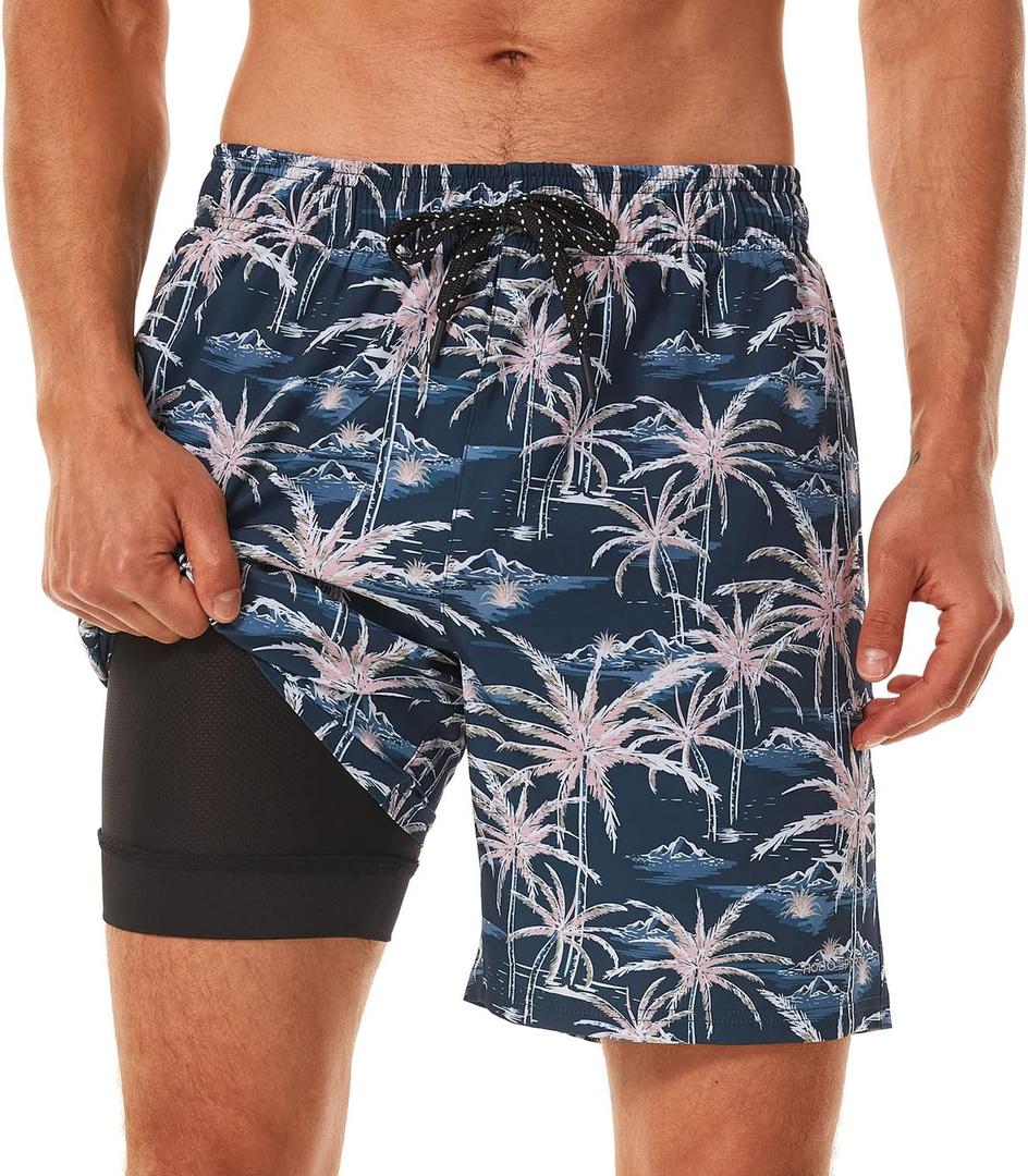 HODOSPORTS Mens Swimsuit Trunks 7" Quick-Dry Swim Shorts with Compression Liner and Zipper Pockets (Large, 14 - Coconut Trees)