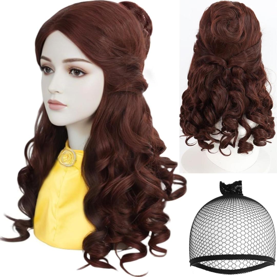JoneTing Brown Curly Wig +Wig Cap Princess Wig with Bun for Adult Brown Synthetic Long Natural Brown Wavy Wigs Hair for Women Cosplay for Halloween Peluca Marrn Christmas Party Wig for Cosplay