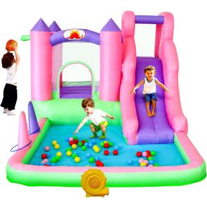 WELLFUNTIME Inflatable Bounce House with Blower, 7 in 1 Bouncy Castle with Slide, Ball Pit, Basketball Hoop, Ringtoss, Jumping Castle for Kids Ages 3-6, 121x76x64 Inch, 116 X 78 X 64 Inches