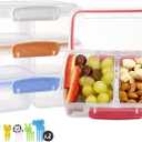 4 Pack Plastic Snack Containers with Lids, 2 Compartment Food Container for Kids Snack Box, Travel Bento Lunch Containers with forks for Fruits/Candies, Divided Food Storage Containers for School (New-Blue)