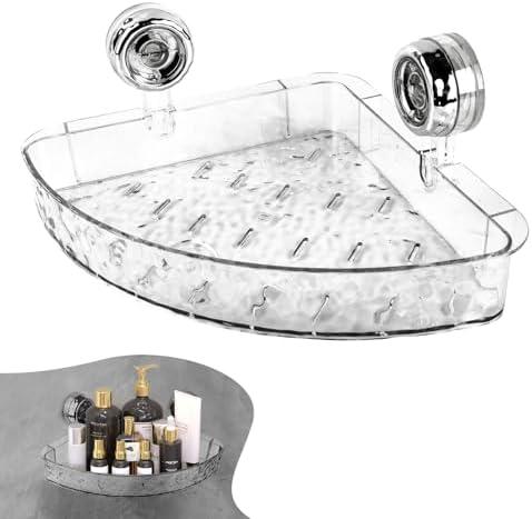 Clapery Corrugated Suction Cup Storage Holder, Triangle Suction Cup Shower Shelf, No Drill Wall Mount Organizer with Extra Strong Suction, Transparent Corner Shelf for Bathroom, Kitchen, Glass