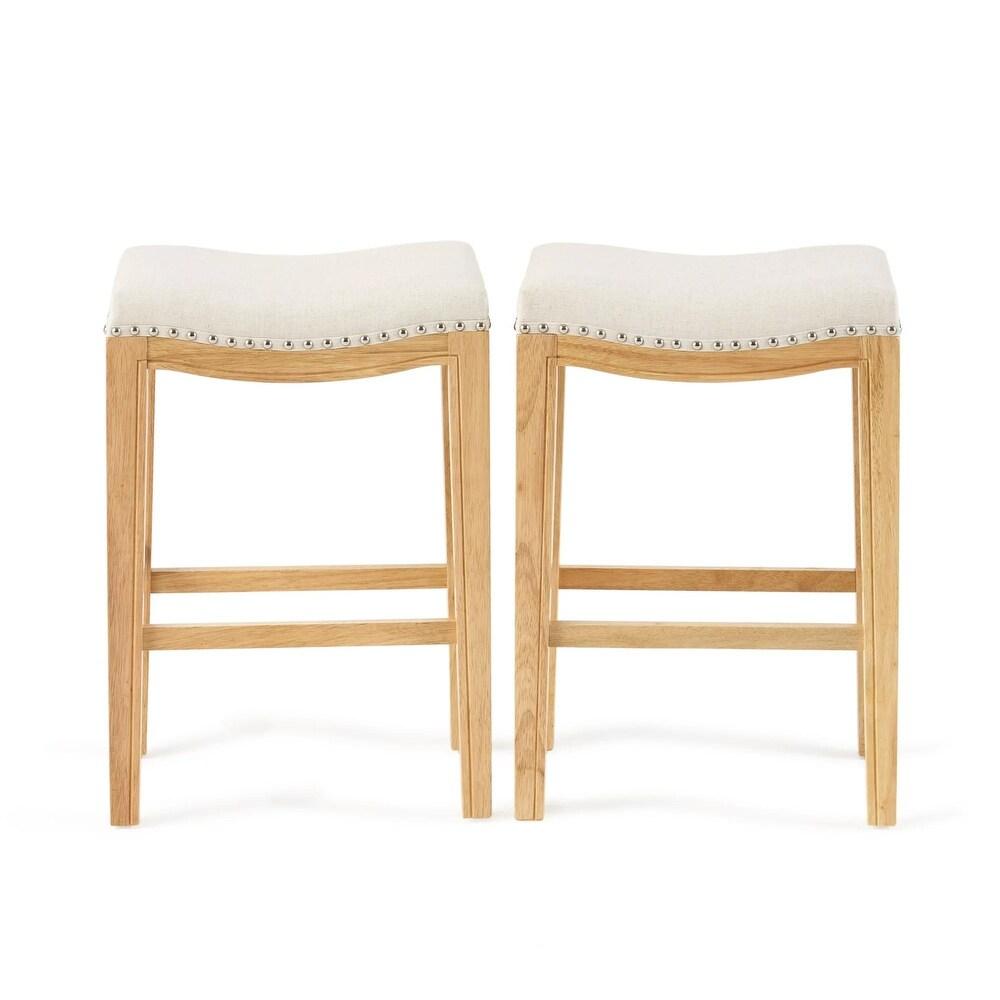 Studded Counter Stool Set of 2 - Beige Fabric, Silver Studded Trim, Rubberwood Legs, 26.20" Height, Easy Assembly