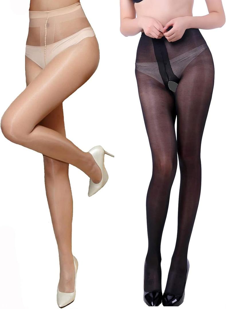 PERAMBRY Womens Suspender Tights Sexy Lace Garter Belt Shiny Sheer Pantyhose Mock Stockings 15 Denier (One Size, 1pcs Black & 1pcs Beige)