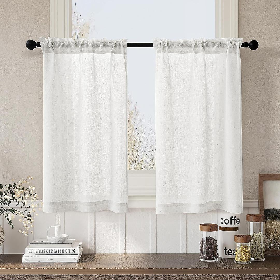 Linen Sheer Curtains for Kitchen Windows 36 Inch Rod Pocket Length Light Filtering Privacy Short Curtains Farmhouse Boho for Bathroom RV 2 Panels Ivory White