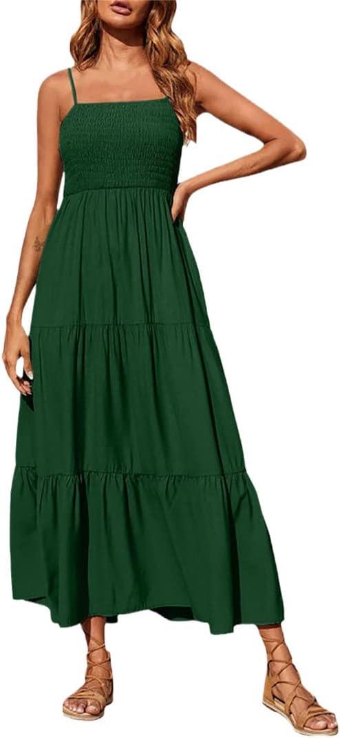 Women's Summer Maxi Dress 2026 Casual Boho Sleeveless Spaghetti Strap Smocked Tiered Long Beach Sundresses, Medium