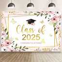 MEHOFOND 7x5ft Class of 2025 Congratulations Backdrop Pink Floral Congrats Grad Photography Background Pastel Butterfly Graduation Party Decor Gold Confetti Prom 2025 Party Banner Photo Booth Props