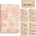 Travel Jewelry Organizer Booklet, A5 Portable Jewelry Case with 5 Pages & 12 Zippered Compartments, Removable Pages with PVC Windows for Necklaces Rings Earrings (Pink Butterfly)