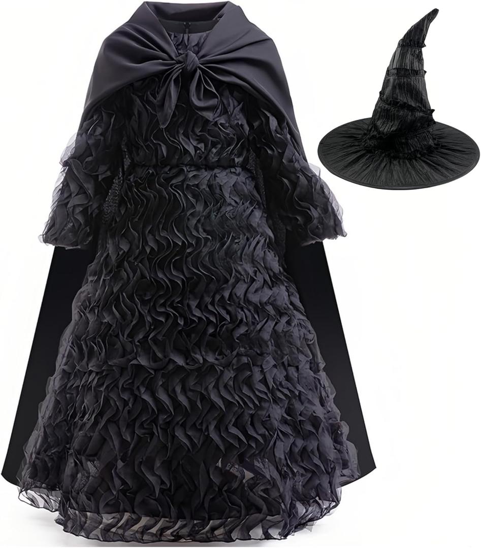 Elphaba Costume Dress for Girls Halloween Cosplay Birthday Party Outfit With Cape and Witch Hat (5-6 Years(120), Black)