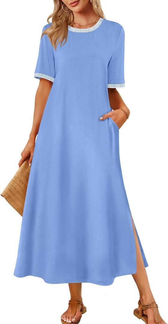 MEROKEETY Women's 2026 Summer Casual Maxi Dress Spring Beach Vacation Short Sleeve Crewneck Split Midi T Shirt Dresses (S)