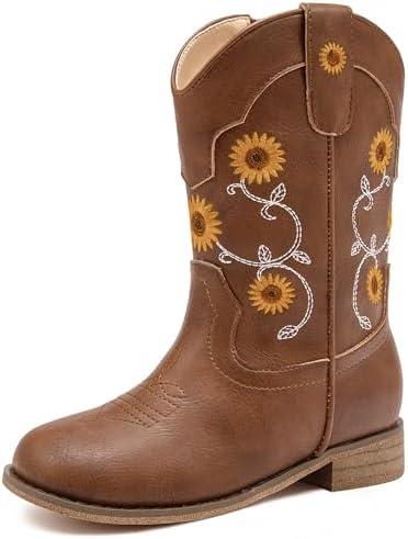 Motasha Floral Embroidered Girls Cowgirl Boots Western Cowboy Boots For Toddler To Big Kids Square Toe Mid Calf Side Zipper Horse Riding Birthday. M7125 Sf Brown 10