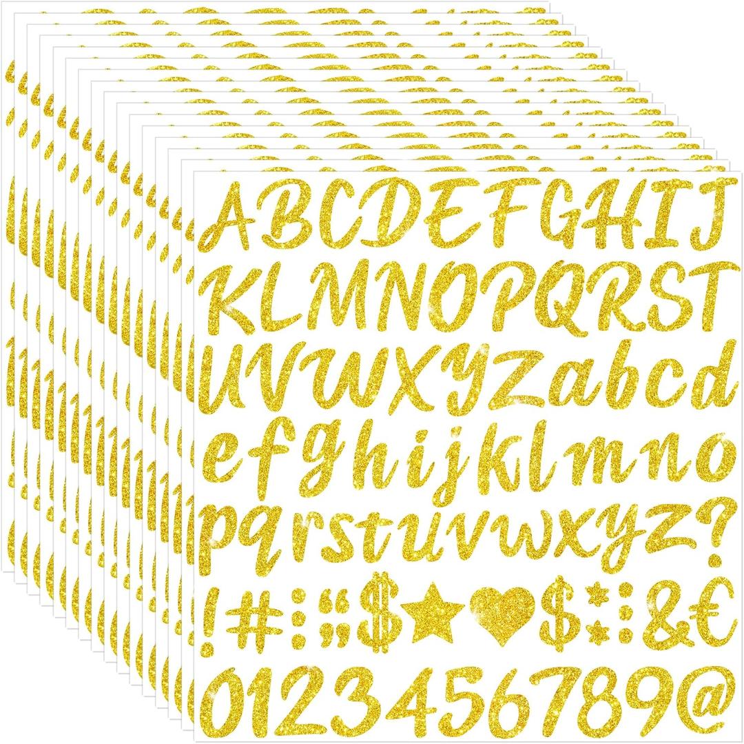 1280 Pcs Gold Letter Stickers Glitter Alphabet Stickers, 16 Sheets Self-Adhesive A-Z Letters with Numbers&Symbols, Sparkly DIY Craft Decals for Graduation Cap Water Bottles Scrapbooking Supplies(Gold)